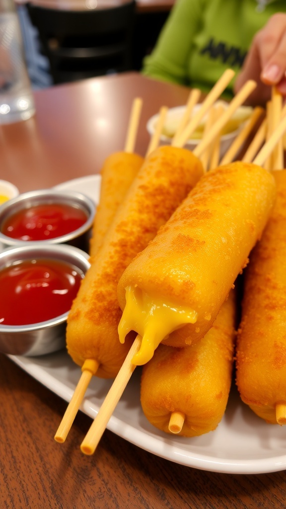 Golden brown cheesy corn dogs on sticks with dipping sauces.